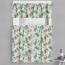 Christmas Valance and Curtain 3 pcs Set, Xmas Time Illustration of Globes and