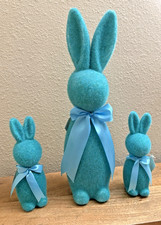Set of 3 Flocked Teal Bunny Lg 15" Sm 7.5" Easter Holiday Spring Decor NWT