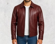 Men  s Burgundy Lambskin Leather Jacket Shirt Collar Classic Zip Coat Handmade