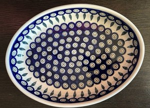 Boleslawiec- Polish Pottery- Casserole,  with Circles and Trees- 13-3/4" long