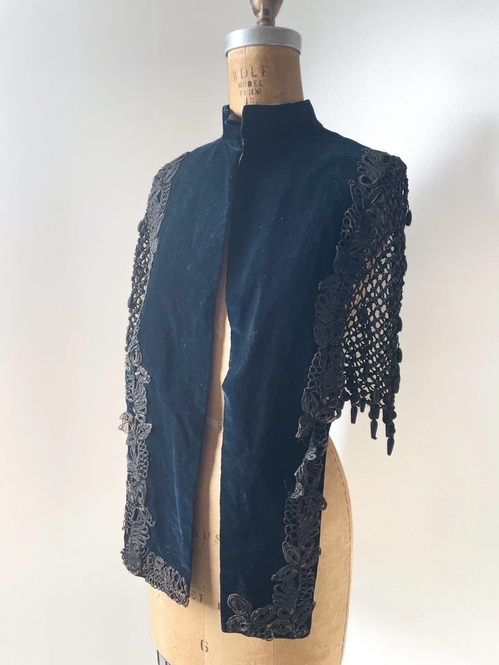 Antiguo manto victoriano de terciopelo azul marino de 1800 gótico romántico histórico XS Foto 2 de 4