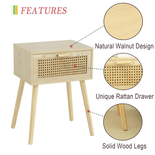 Rattan Nightstand, Bedside Table with Rattan Drawer, Wood End Table with Stor... - Picture 2 of 6