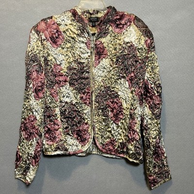 VTG Zip Front Jacket Women's PXL Floral Cottagecore Rave Granny Stretch Sequins