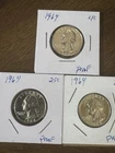 3-Coins 25c SILVER Washington Quarters Proof 1964 Free Shipping