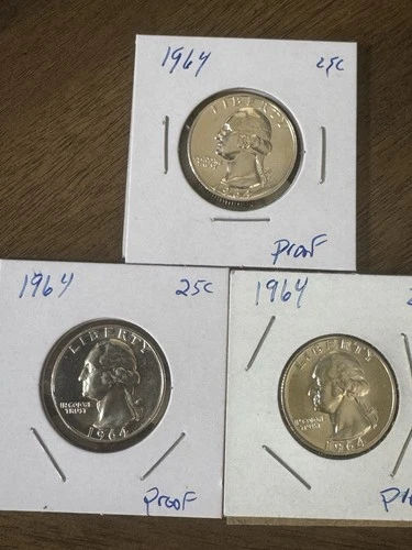 3-Coins 25c SILVER Washington Quarters Proof 1964 Free Shipping