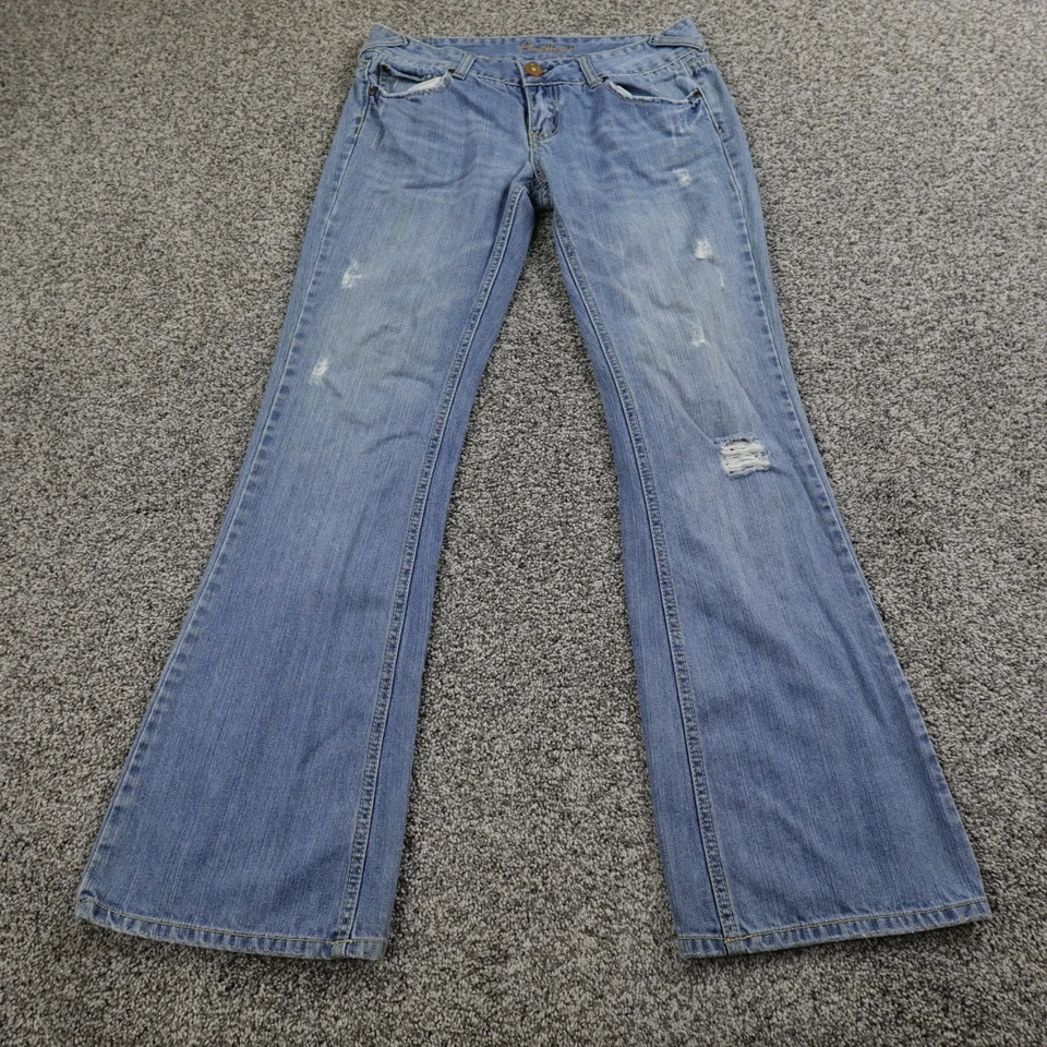 Pantalones de mezclilla Amethyst para mujer 9 azul oscuro tiro bajo acampanado bota solapa bolsillo desvanecido Y2K Foto 2 de 4