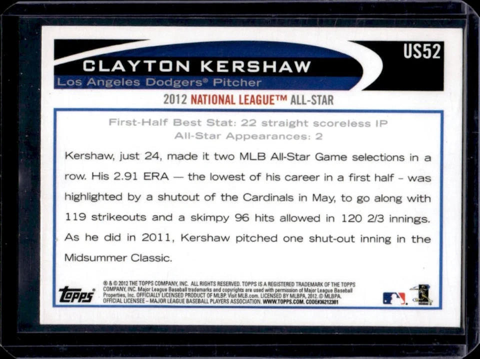 2012 Topps Update Clayton Kershaw Gold Sparkle #US52 Dodgers - Image 2 of 2