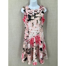 Calvin Klein Dress Womens 6 Pink Floral Scuba Fit Flare Exposed Zip Classic Boho
