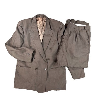 VTG 90s Bachrach 48L 40x31 2pc Double Breasted Pant Suit Brown Black Houndstooth