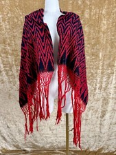 Vintage Cotton Indian Pashmina In Red And Black With Elaborate Fringe Detail