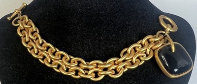 VTG SIGNED AK ANNE KLEIN 80'S DOUBLE CHAIN BLACK GLASS CHARM TOGGLE BRACELET 8''