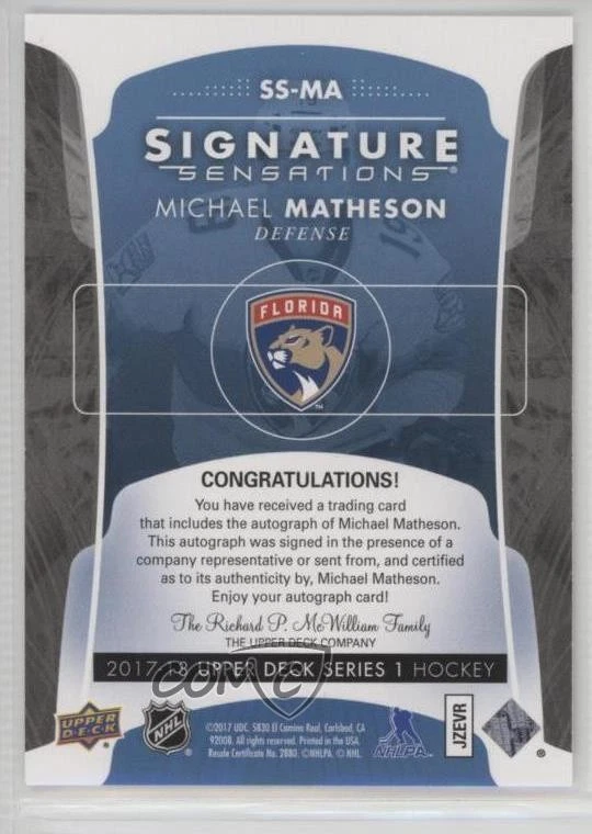 2017-18 Upper Deck Signature Sensations Michael Matheson #SS-MA Auto - Image 2 of 2