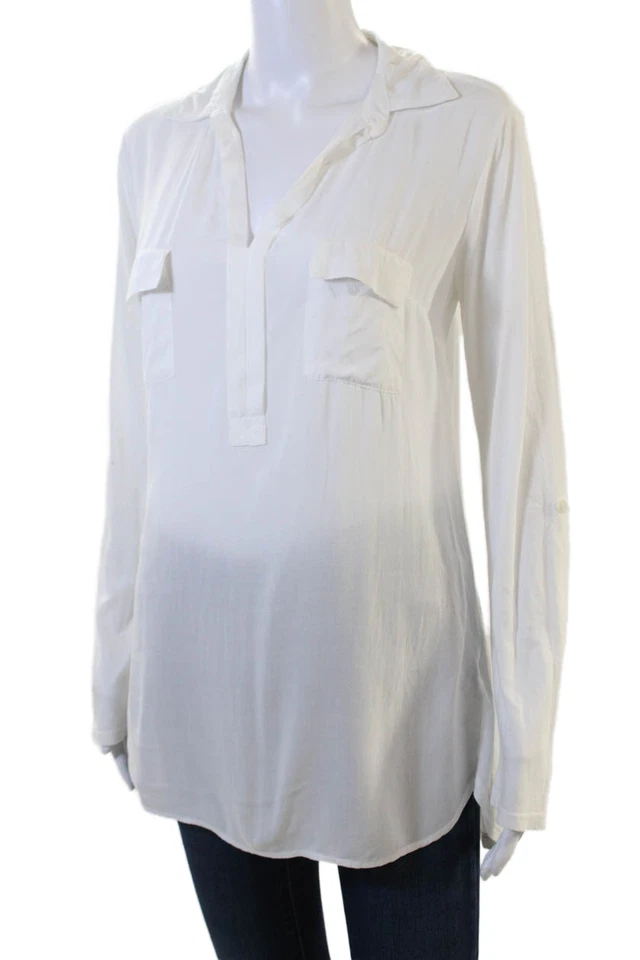 Espléndida blusa túnica mujer blanca 100 % seda cuello en V manga larga talla XS Foto 2 de 4