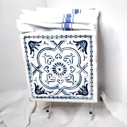 Rustic Blue Tin Wall Pocket with Hooks  Farmhouse Wall Decor
