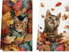 Juego de 2 toallas de cocina de otoño de gato con hojas de arce de 18X26 pulgadas | Acción de Gracias otoño F