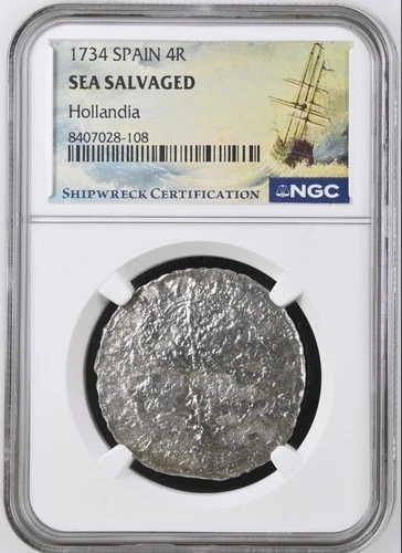Hollandia Shipwreck 1734 Spain 4 Reales NGC Sea Salvaged Silver Coin Rare