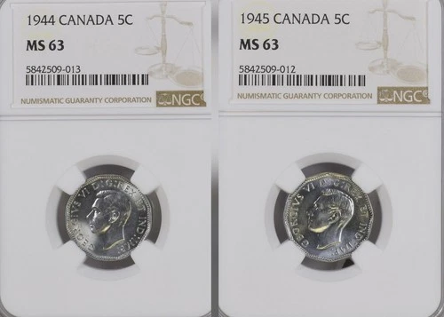 1944 & 1945 NGC MS63 Canada Victory Nickel 5c Lot/Set - RARE - WWII WW2