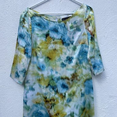Sandro Ferrone Summer Dress Womens Medium 38  Blue Floral Satin Sheath Pencil