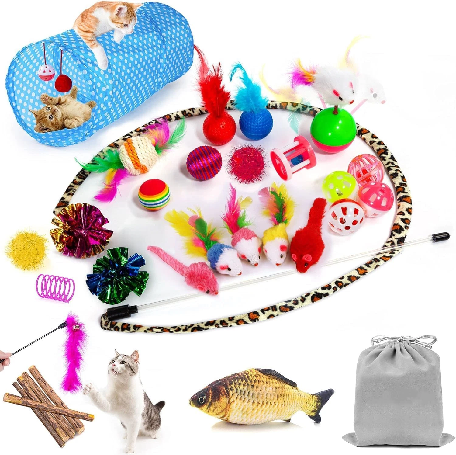 35 PCS Cat Toys Kitten Toys Assortments,Variety Catnip Toy Set Including 2 Way T
