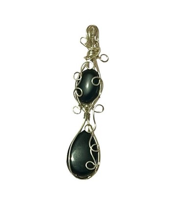 Black Onyx Double-stone. Wrapped In Silver/copper Pendant