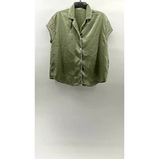 AW. BRIDAL Women's Green Satin Button-Up Short Lace Sleeve Pajama Top SZ M