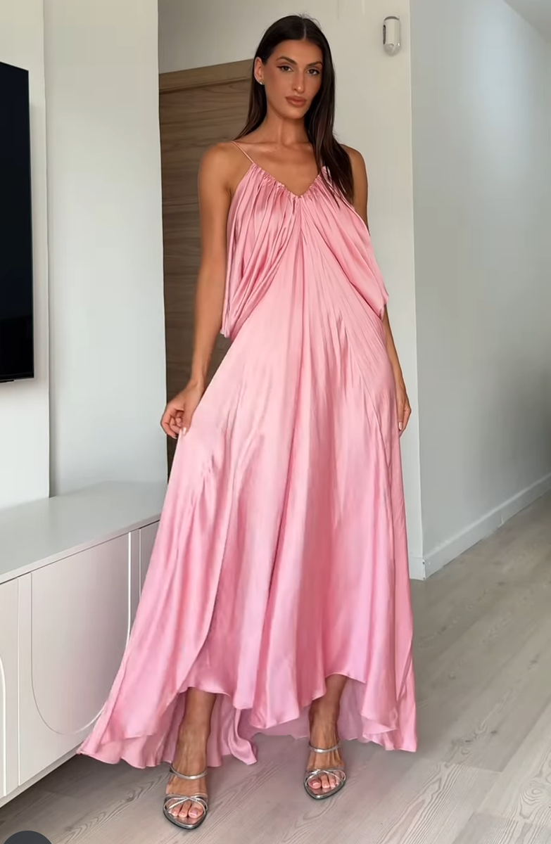 Zara ZW Collection Long Satin Volume V-Neck Dress Pink Size M L