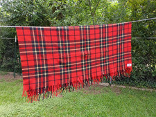 Troy Robe Wool Plaid Fringed Throw Blanket Red/Black Travel Rectangular 48x51"