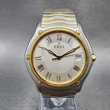 Ebel Classic Wave Watch Men 37mm Silver Dial Two Tone Date Round New Battery
