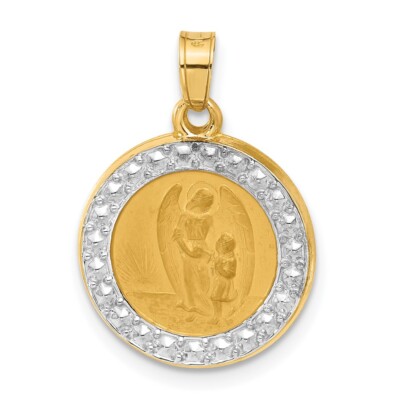 14k Gelbgold und weißes Rhodium hohl Unser Schutzengel Medaille Anhänger