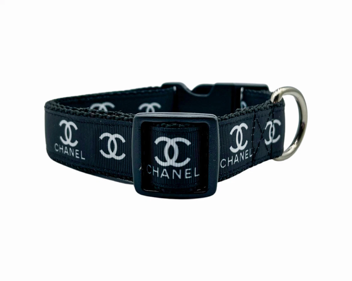 Chanel Dog Black Leather Silver Pet Dog Two Piece Leash and Collar Set