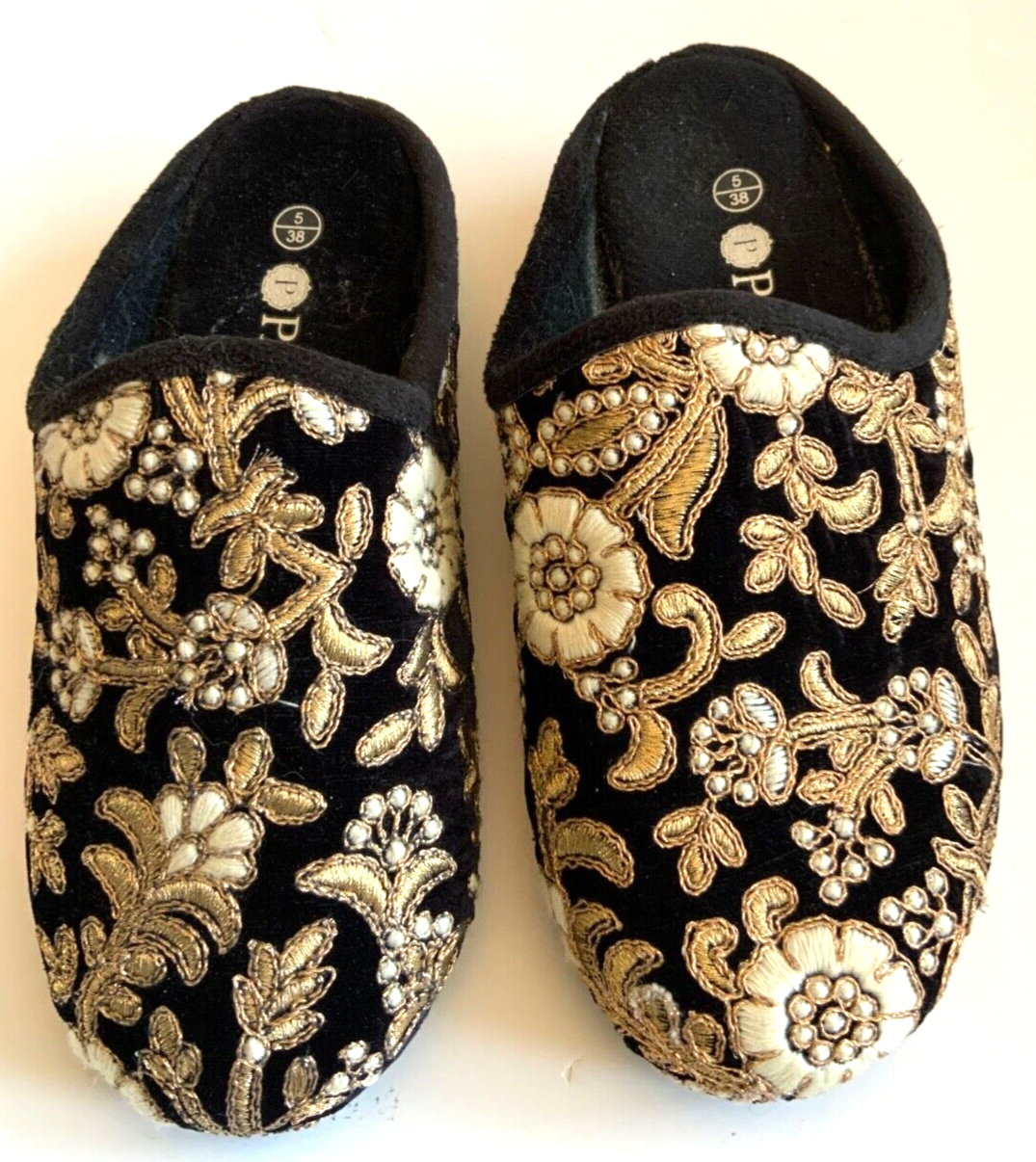 PANTOFOLA D’ORO PAVERS Ciabatte Broccato Nero Taglia 5 EU 38 Oro Crema Ricamo Antiscivolo Ottime Condizioni