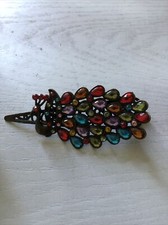 Peacock Hair Clip Multi Colored Crystals On Vintage Brass Tone Pinch Clip