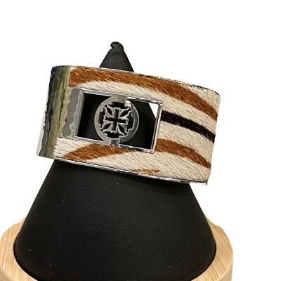 Rustic Cuff Silver Tone Metal Wrap Bracelet Cow Hair Cowgirl Western Jewelry