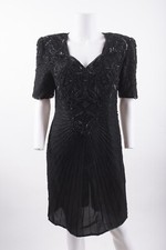 Vintage Scala Womans Silk Evening Dress Size Petite L PL Black Beaded Formal