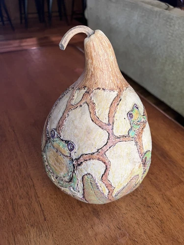 Handmade Carved Painted Signed Intricate Detailed Tree Frog Gourd Art Decor 12”