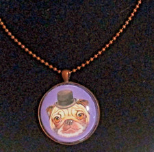 Artist signed Pug Dog With Hat Pendant Necklace-Copper Chain