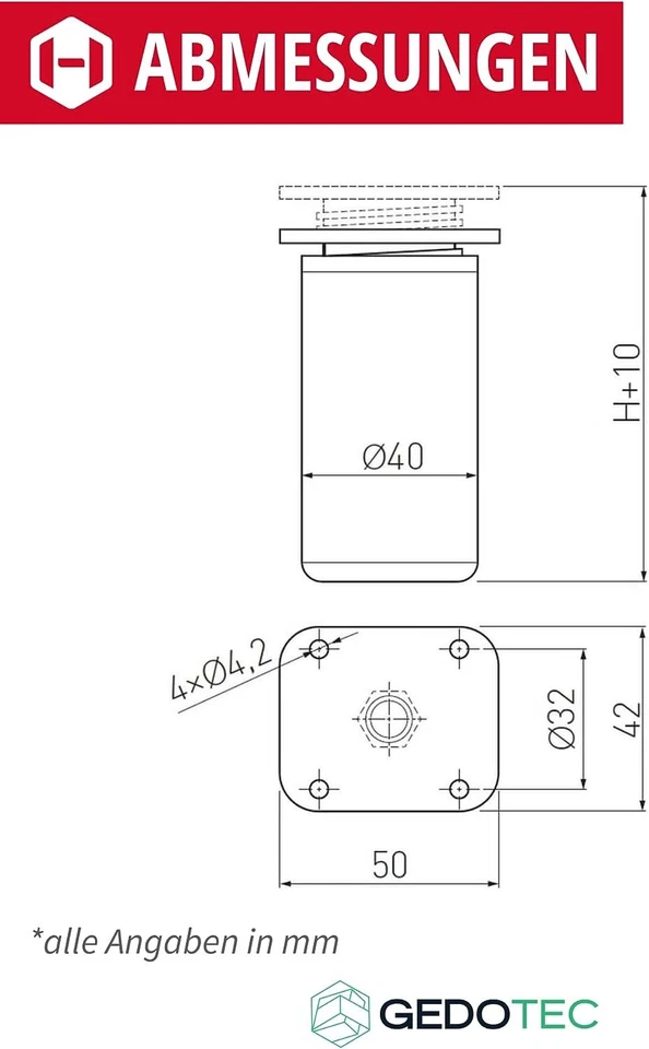 4x Möbelfuß Möbelfüße 60-150 mm silber matt Tischbeine Sockel Füße Schrank eckig - Bild 4 von 4