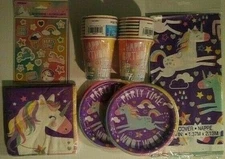 UNICORN PARTY Birthday Party Supply Set Decoration Kit for 16 w/ Stickers