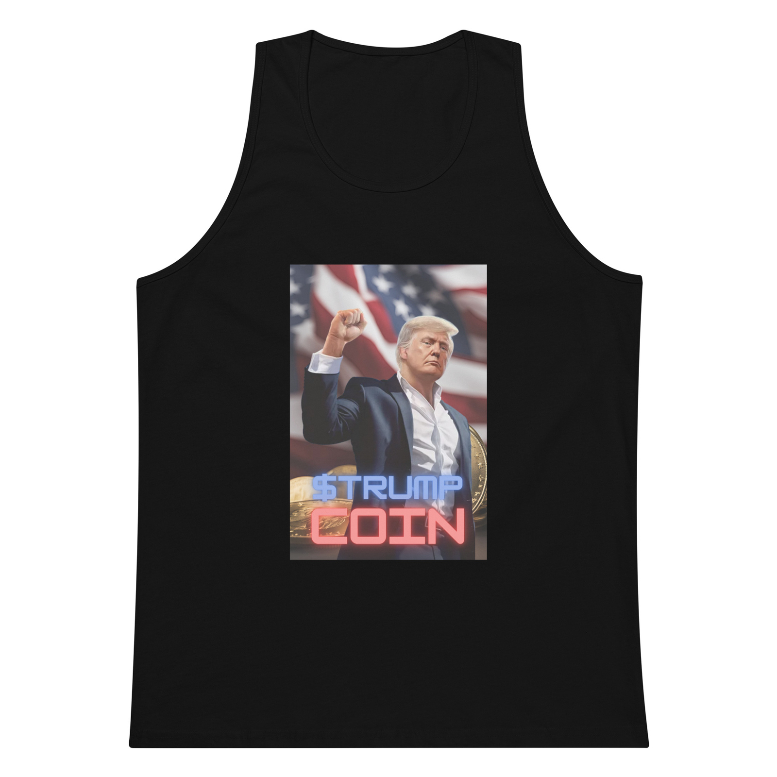 Men’s premium tank top $Trump coin flag fist in air Size S-3X