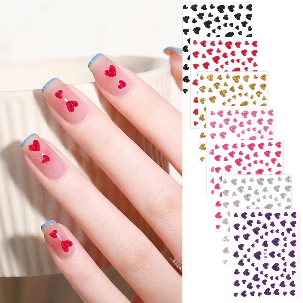  Red Nail Art Glitter Stickers Decals Heart Nail