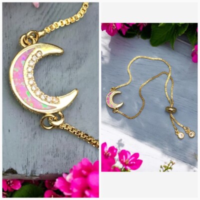Vintage Delicate Opal Moon & Stars Micro Pave Halo  Bracelet Adjustable Golden