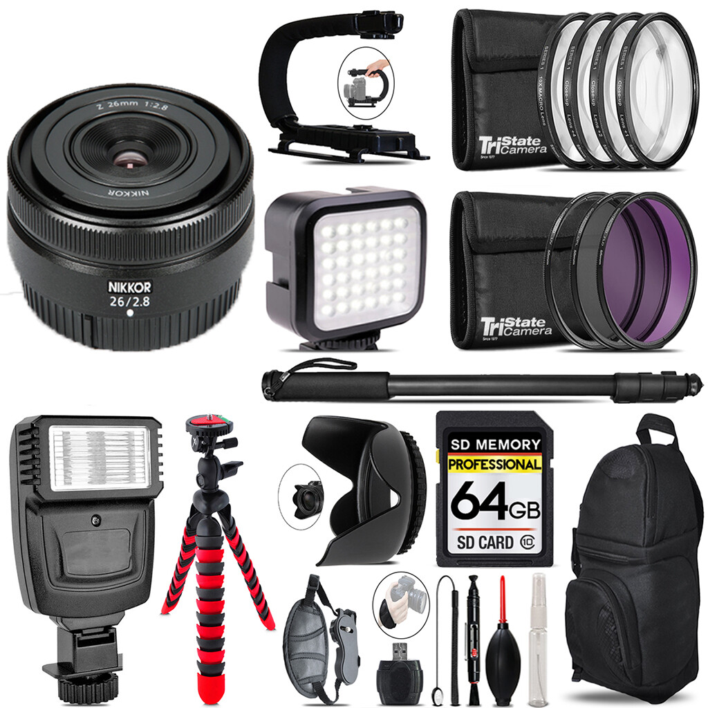 Nikon NIKKOR Z 26mm f/2.8 Lens- Video Kit + Flash - 64GB Accessory