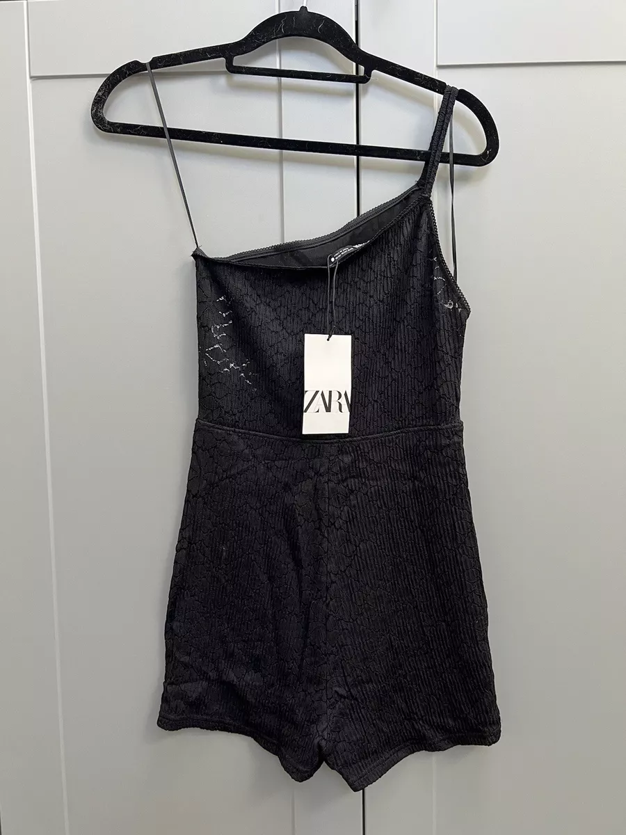 ZARA Black One Shoulder Rib Knit Lace Bodycon Playsuit Roper Short Jumpsuit  M | eBay