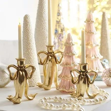 Bow Candlesticks Set of 3 – Gold Ribbon Taper Candle Holders Elegant Holiday Dec