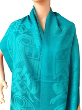 Patrick Francis 100% Wool Green Teal Celtic Design Fringed Shawl Wrap 74x16