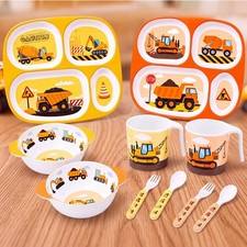 2 Set Construction Toddler Dinnerware, Melamine Plates Bowls Cups