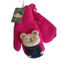 Toddler Kids Knit Mittens Hot Pink Bear Applique Winter Gloves with String NWT