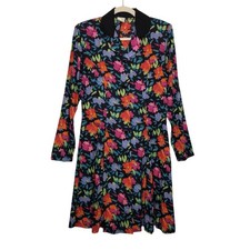 Vintage 70s Floral Fit Flare Midi Dress Button Shoulder Pads Groovy Hippie