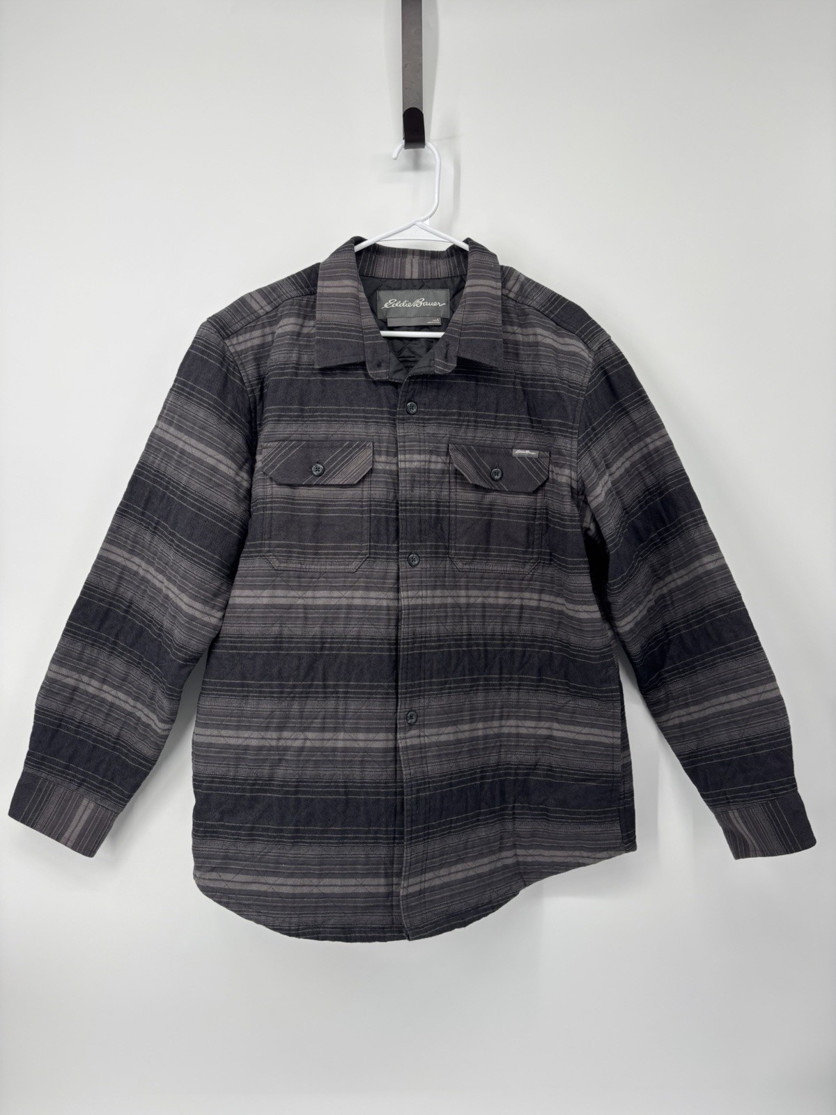 Eddie Bauer Shacket Thick Button Up Black Gray Long Sleeve Flannel Men’s Large