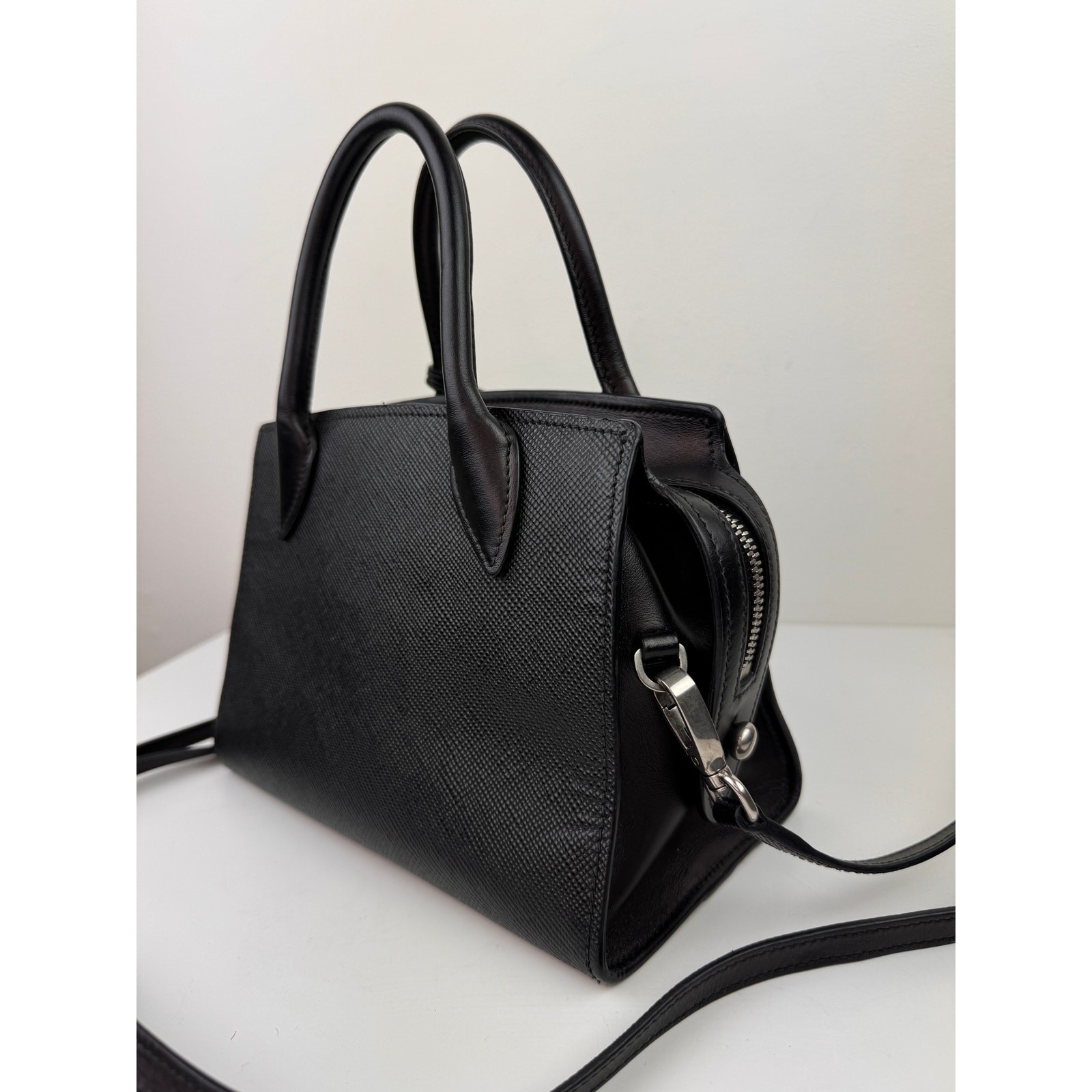 PRADA Milano Monochrome Black Small Handbag Leather Top Handle Crossbody Bag image 6
